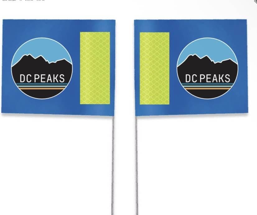 DC Peaks course flag: blue with the DC Peaks logo and a reflective yellow strip